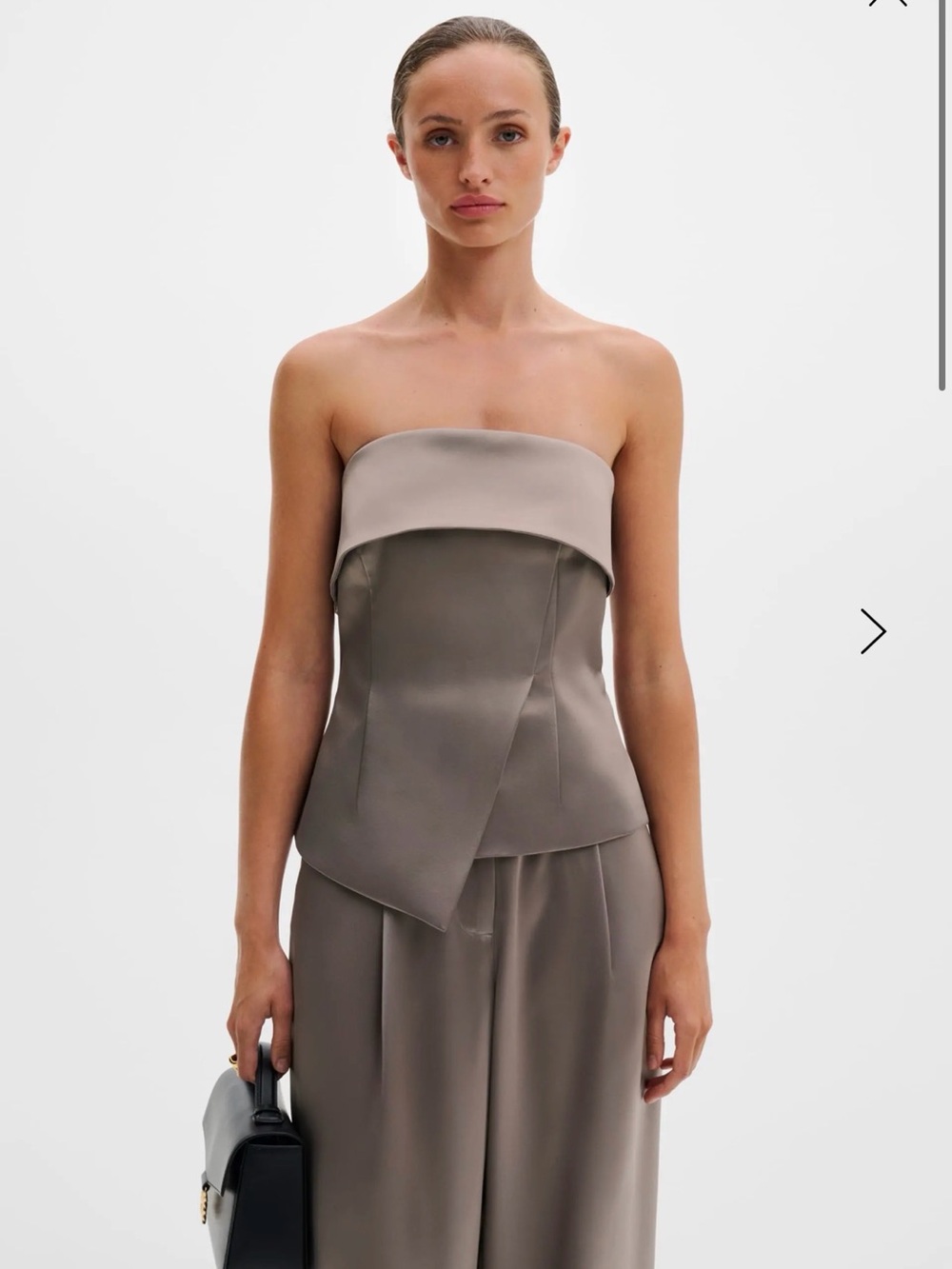 By Malina Strapless Draped Satin Top in Taupe corset satin finish top